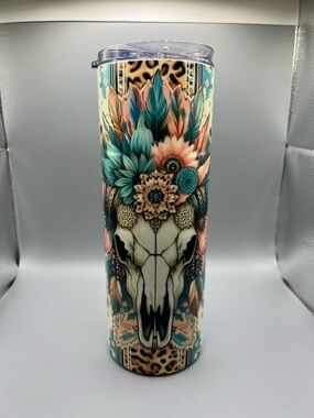 Turquoise & Coral Skull Floral Travel Tumbler - Handmade #O0063T
